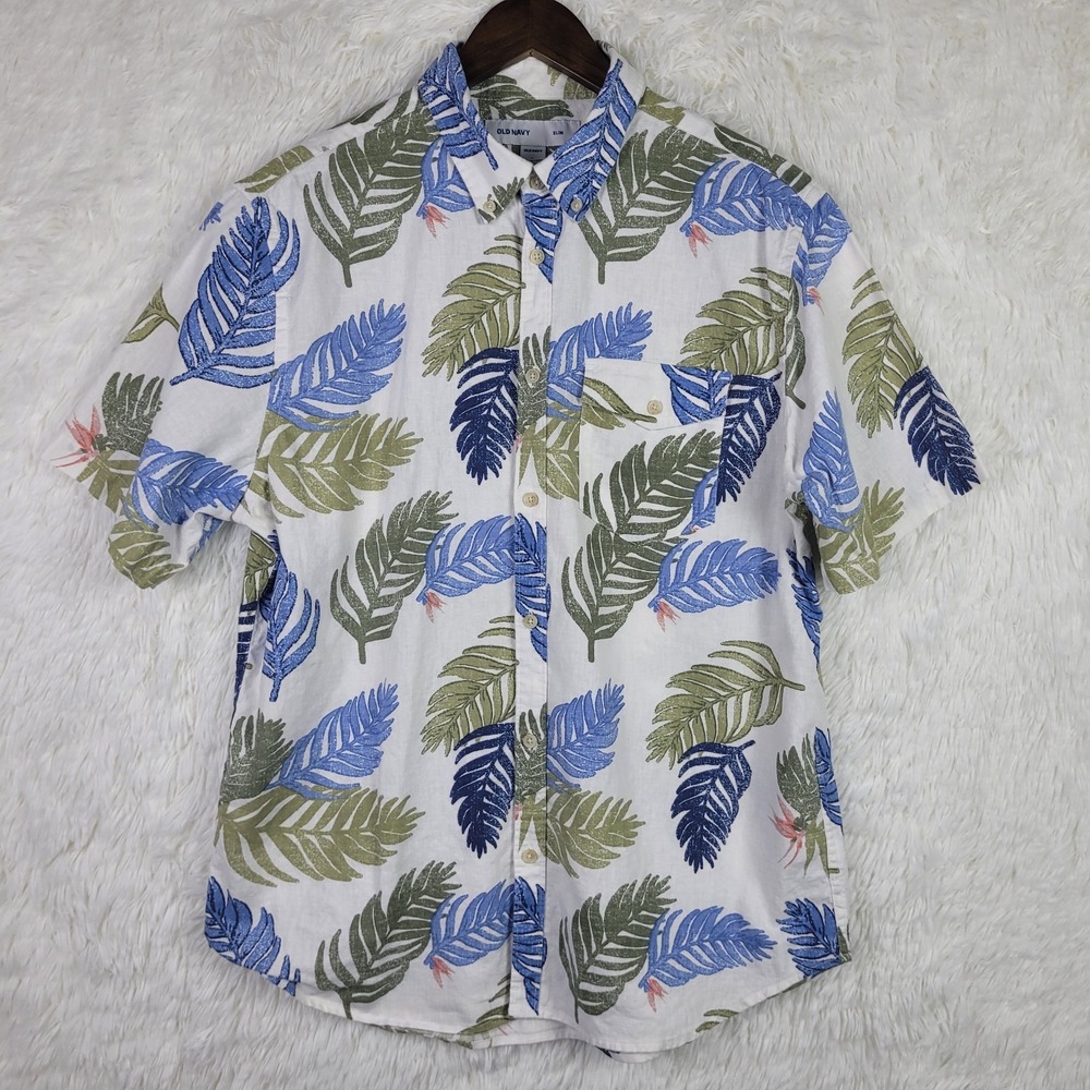 Old Navy Tropical Leaf Print Linen Blend Shirt Mens L Beach Resort Casual Preppy